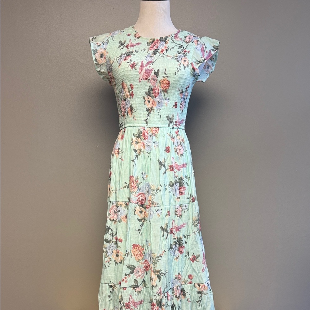 August Sky Floral Maxi Dress Mint Green Size Large Romantic Tiered